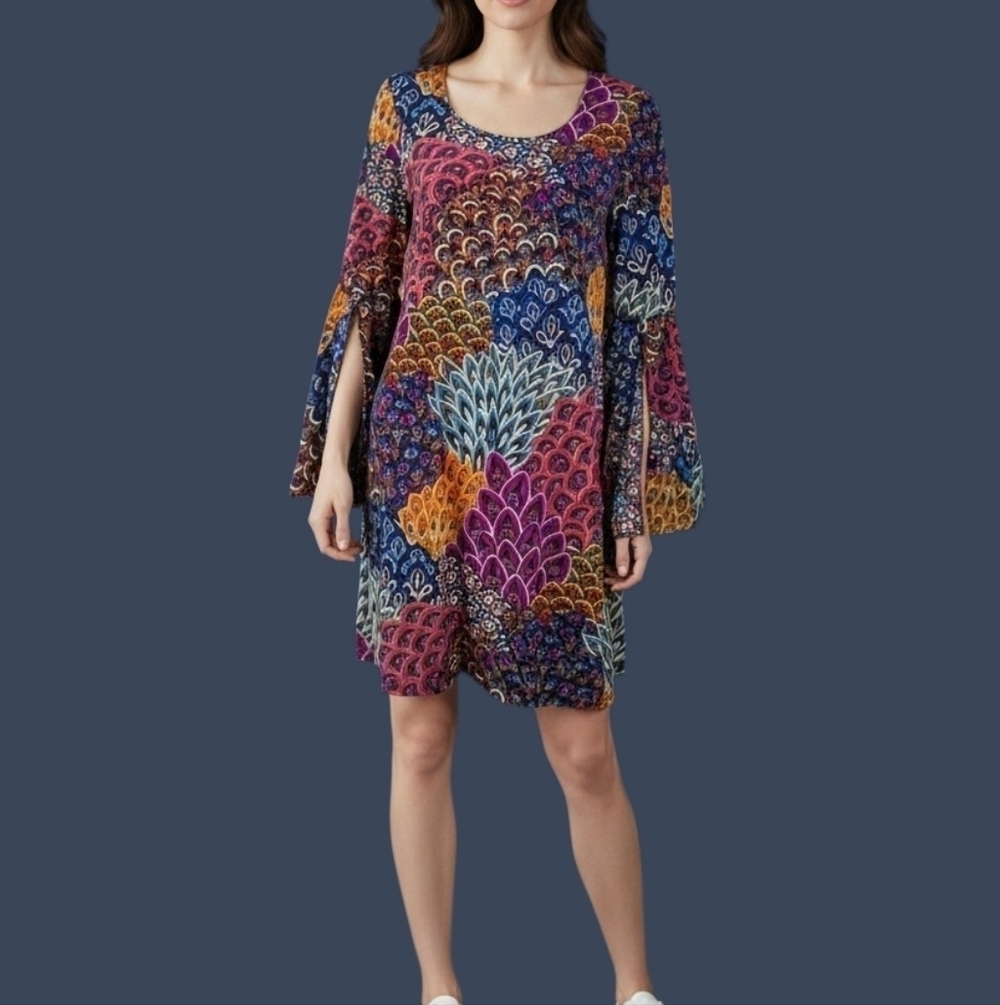 IVY ROAD Colorful Flare Split Sleeve Scoop Neck Peacock Mini Trapeze Disco Dress